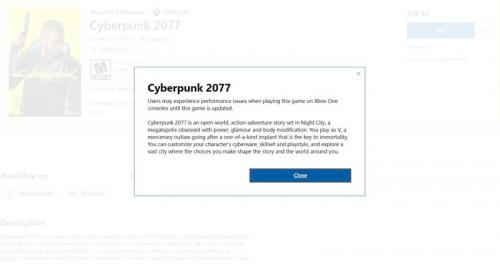 Страница Cyberpunk 2077 в Microsoft Store предупреждение о проблемах на Xbox One